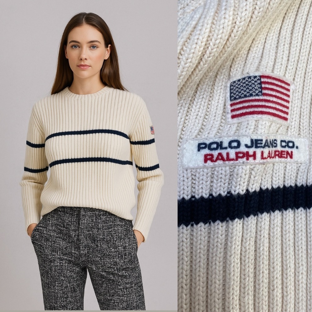 Vintage Polo Ralph Lauren Striped Sweater Chunky Knit Grandpa American Flag L